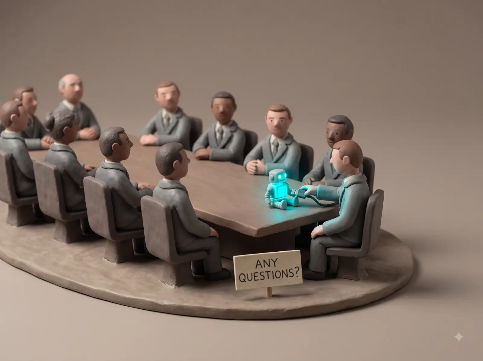 Claymation boardroom: eleven grey-suited figures around a table, all staring at a tiny glowing robot one of them has just plugged in. A sign asks: any questions?