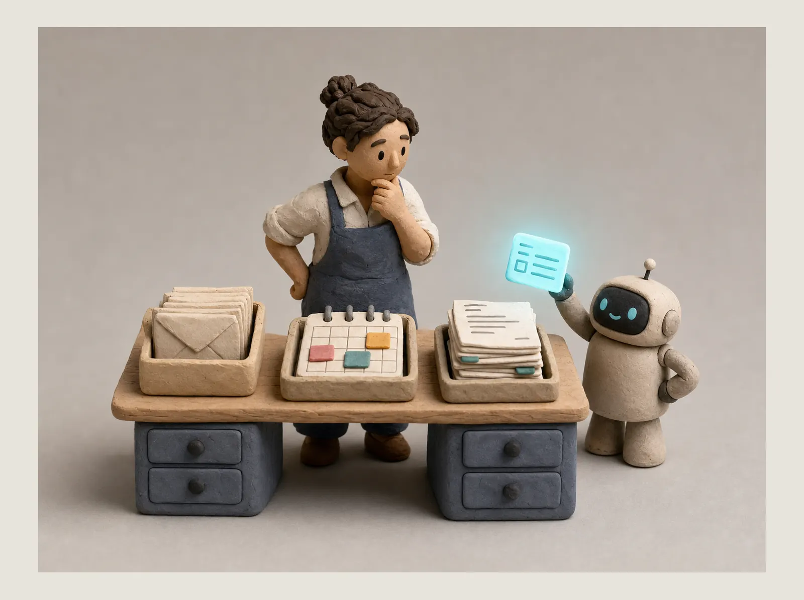 Clay business owner choosing among an inbox, marketing calendar and invoice stack while a small robot offers one glowing task card.