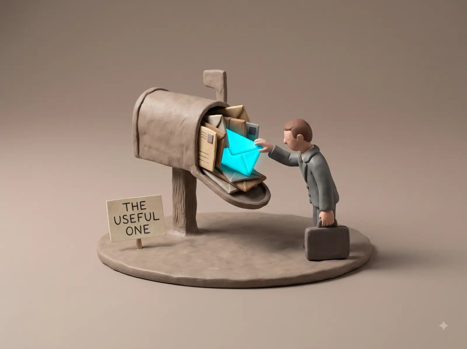 Claymation scene: a mailbox stuffed with dull letters, and a businessman pulling out the one glowing envelope. A sign reads: the useful one.