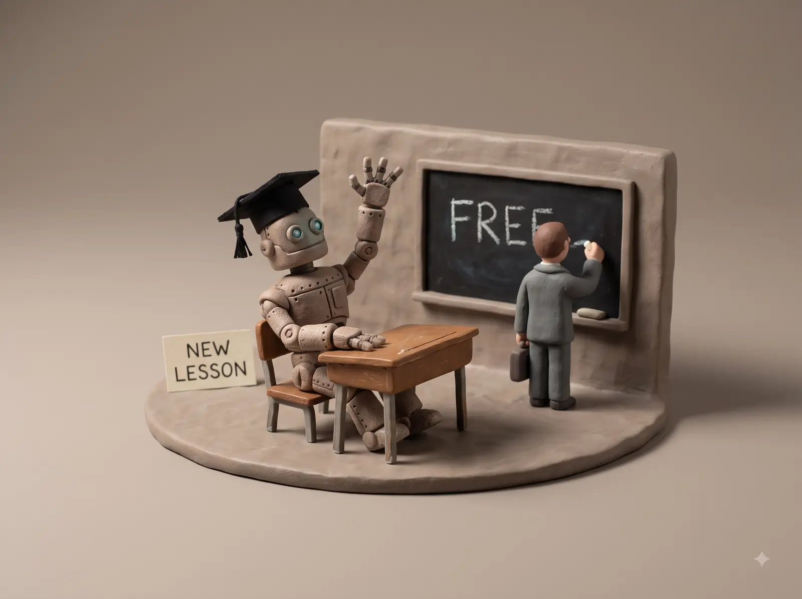 Claymation scene: a robot in a graduation cap raises its hand at a school desk while a businessman writes FREE on the blackboard. A sign reads: new lesson.